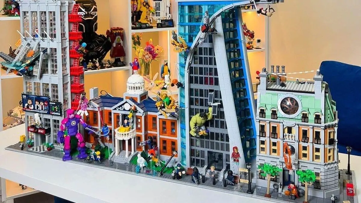 All four LEGO Marvel modular buildings make a super display